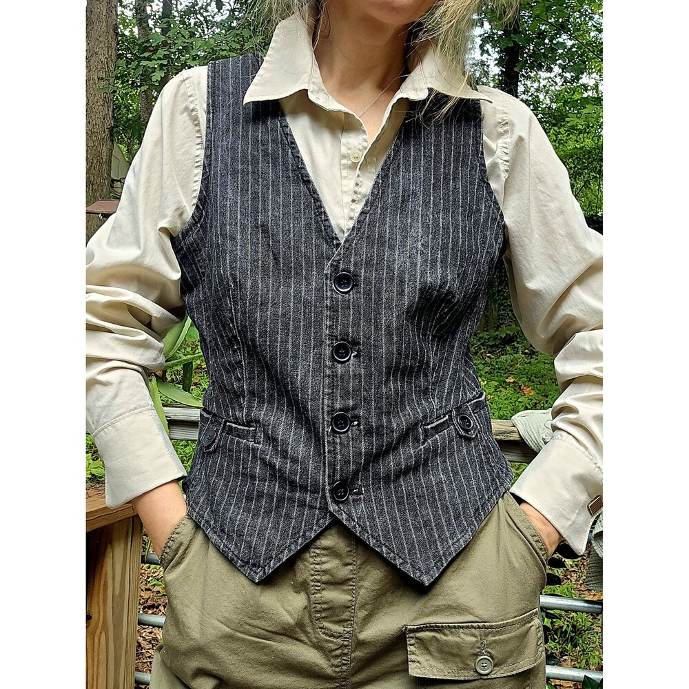 Vintage Pinstripe Denim Vest - 90s Tailored Waistcoat, Dark Academia Black Butto